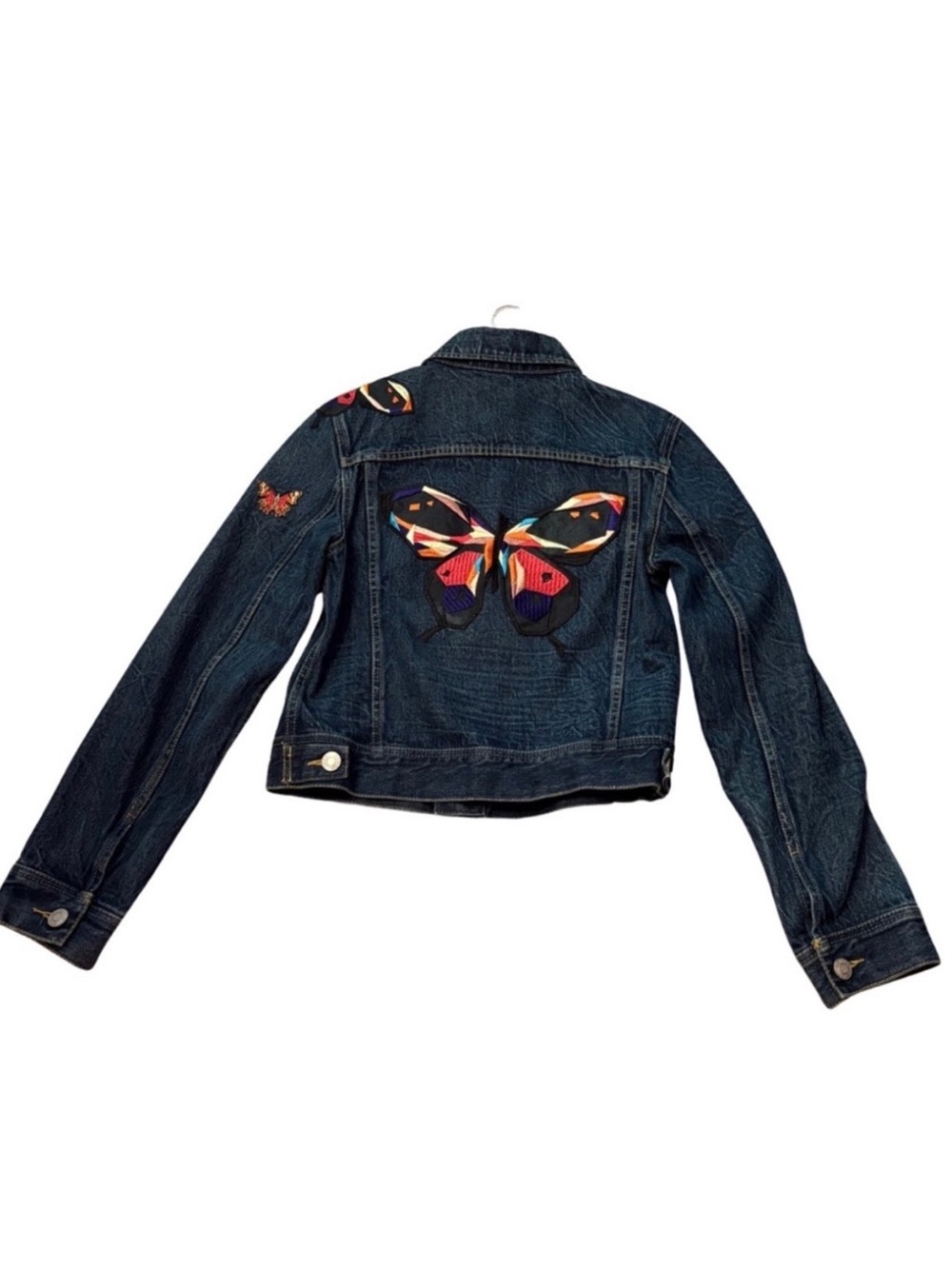 Hello Couture Upcycled Vintage Denim Jacket with Butterfly Embroidery – Size M